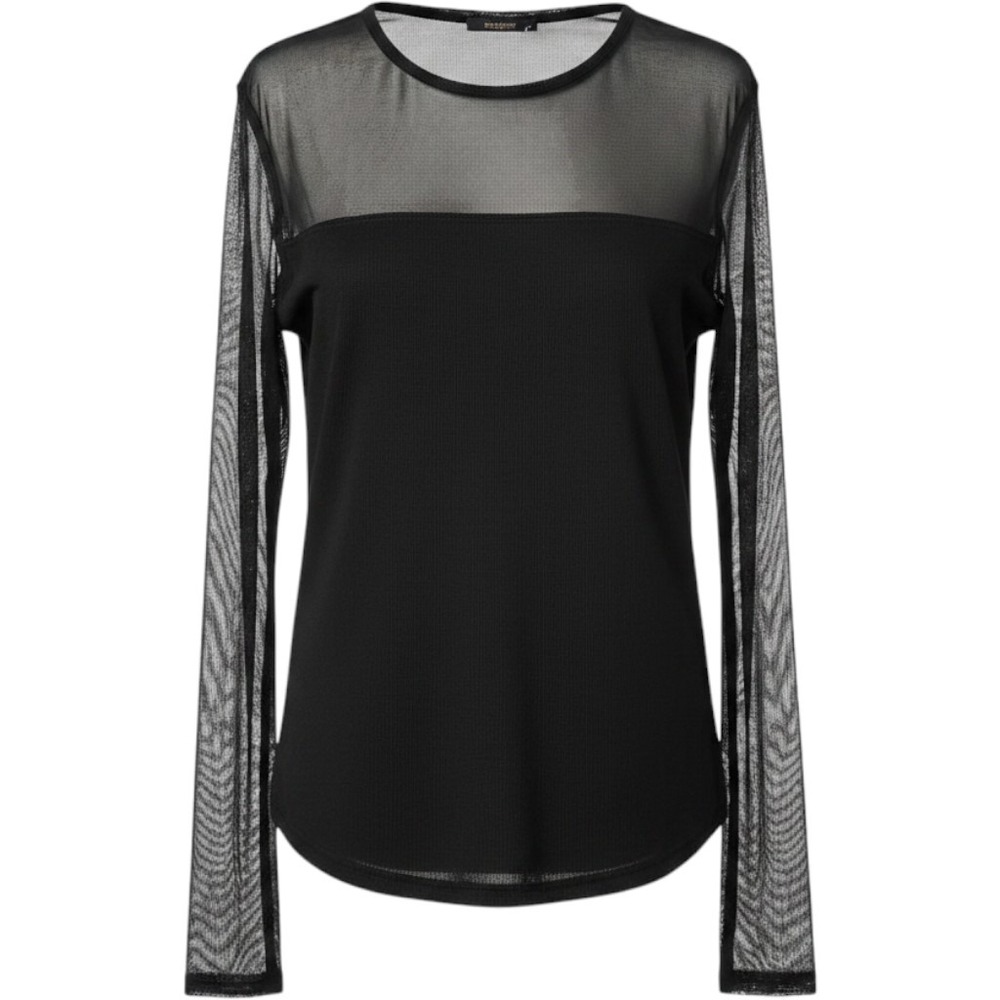 CHEVIGNON‎ Mesh Panel Top Women Large Black Sheer Long Sleeve Crew Neck Blouse